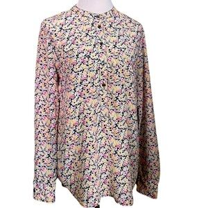 Equipment Femme Ava Silk Floral Popover Blouse Navy Blue Pink Yellow Size XS